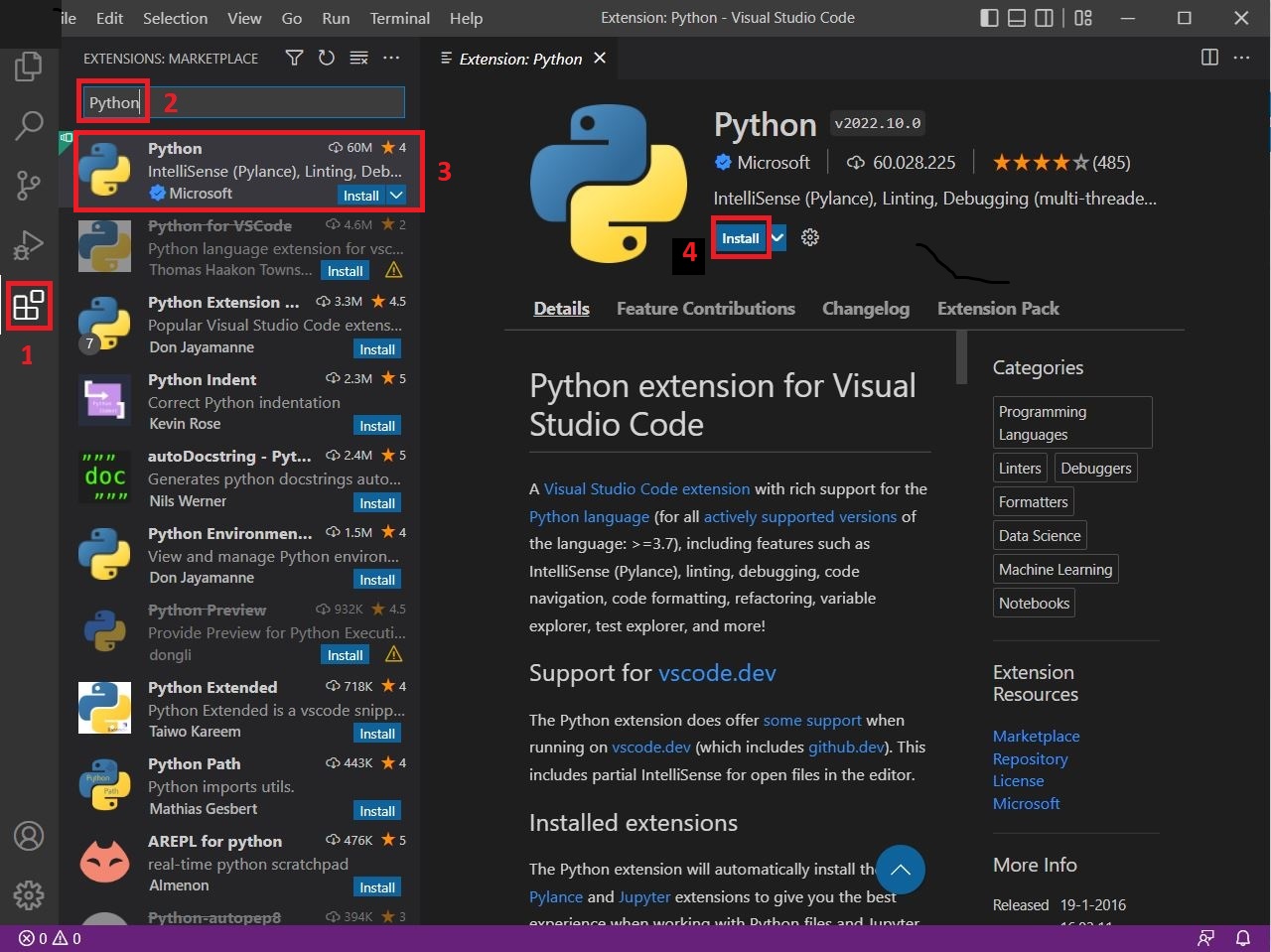 Install Python extension - step 1.