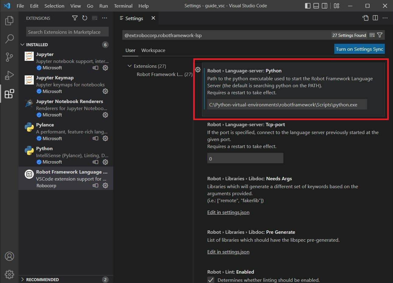 Assign the relevant path to the 'Robot > Language-server: Python' setting.