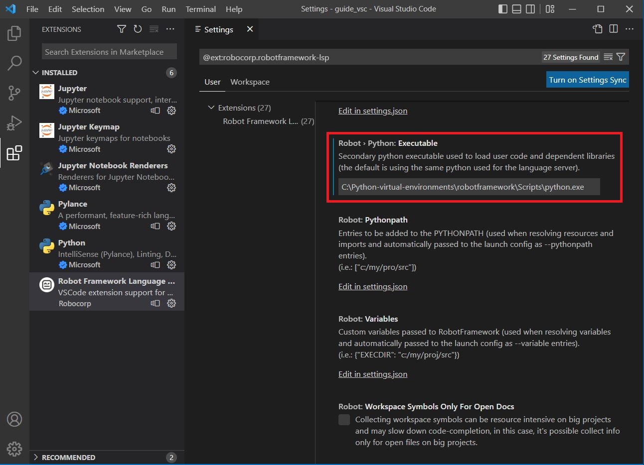 Assign the relevant path to the 'Robot > Python: Executable' setting.