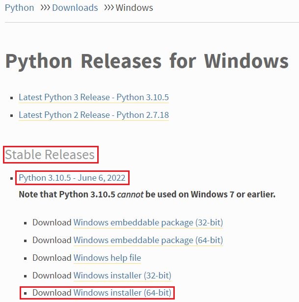The Python for Windows download page.