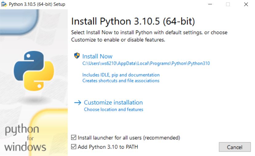 Python installation wizard step 1.